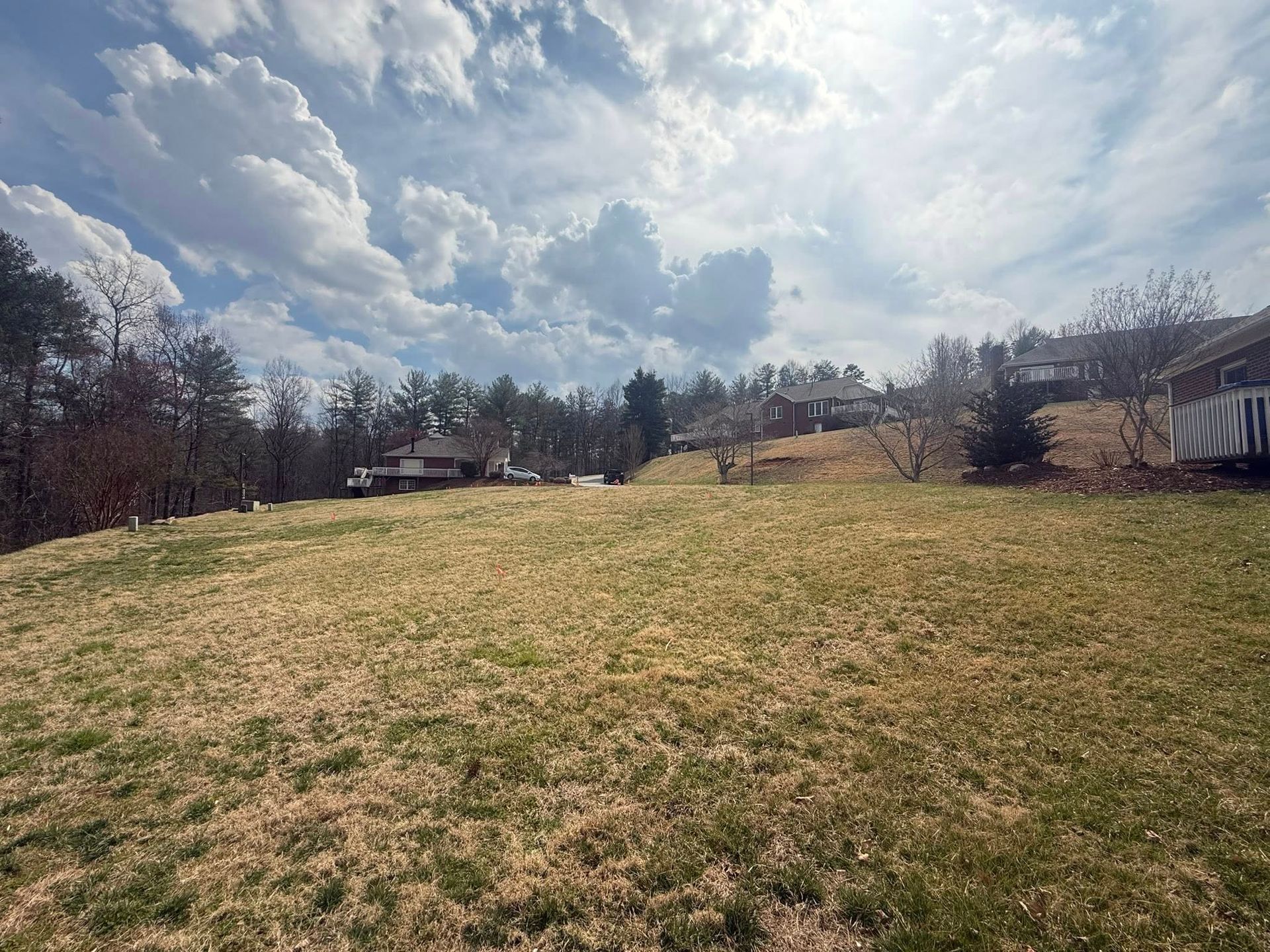 Grassy hill under a cloudy sky, with trees and a few houses in the distance