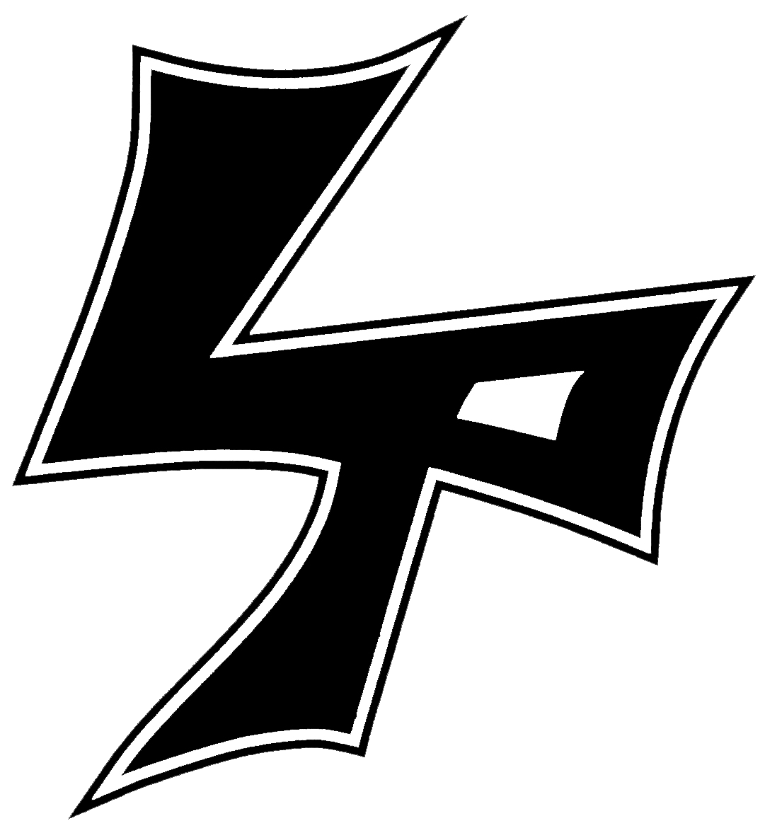 A black and white cross with a white outline on a white background.