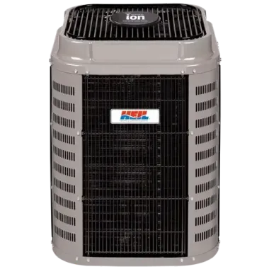 Gray  Heil brand outdoor air conditioner unit with black grille and logo on front and top