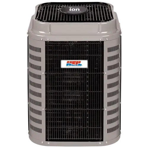 Gray outdoor air conditioner unit with black grille and front logo badge