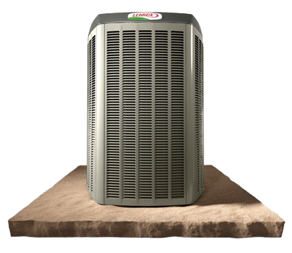 Large gray air conditioner unit on a beige surface against a white background