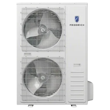 A white friedrich air conditioner with two fans on a white background.