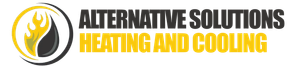 Alternative Solutions Heating and Cooling logo with yellow flame icon and black-and-yellow text