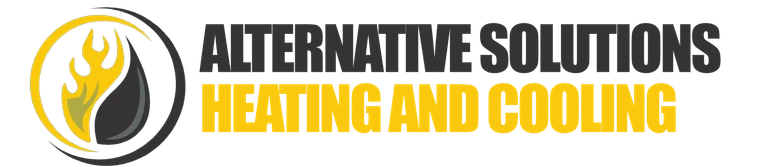 Alternative Solutions Heating and Cooling logo with yellow flame icon and black-and-yellow text
