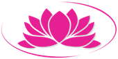 A pink lotus flower is in a circle on a white background.