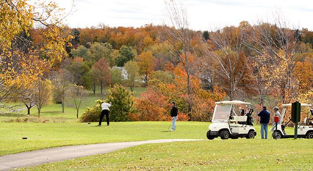 A group of people are playing golf on a golf course.