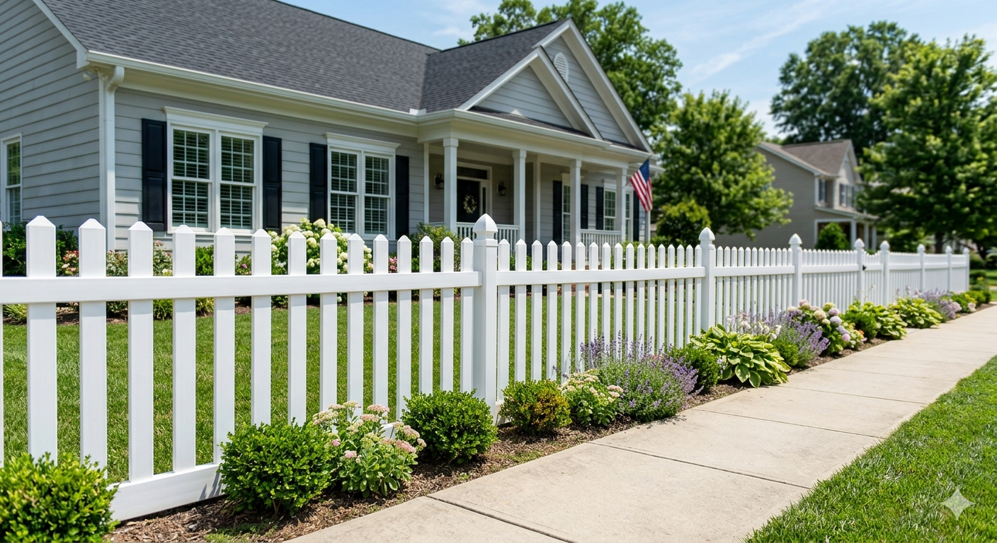A light blue house with a dark roof behind a white picket fence, viewed from a sidewalk with bushes.