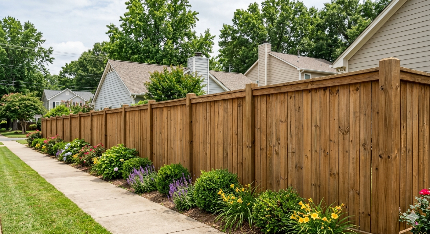 A wooden privacy fence borders a sidewalk lined with green bushes and yellow flowers in a suburban residential area.