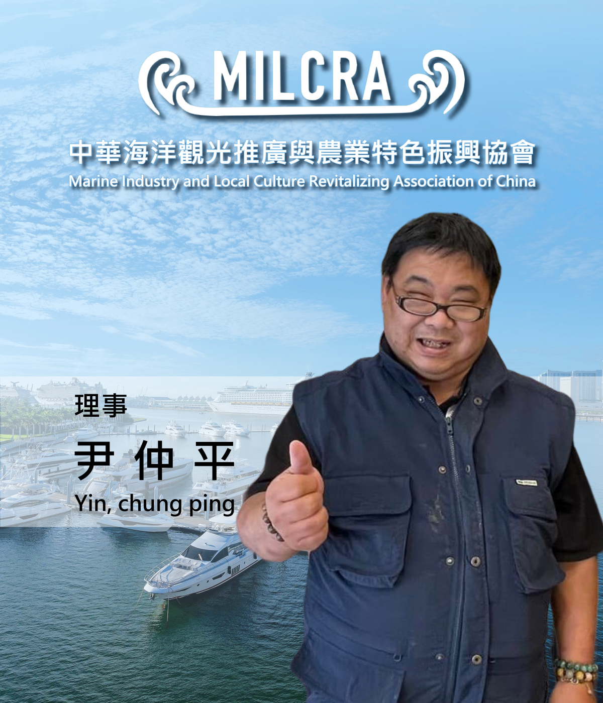 一名男子豎起大拇指,宣傳「MILCRA」海洋產業協會。藍色背景印有遊艇和文字。