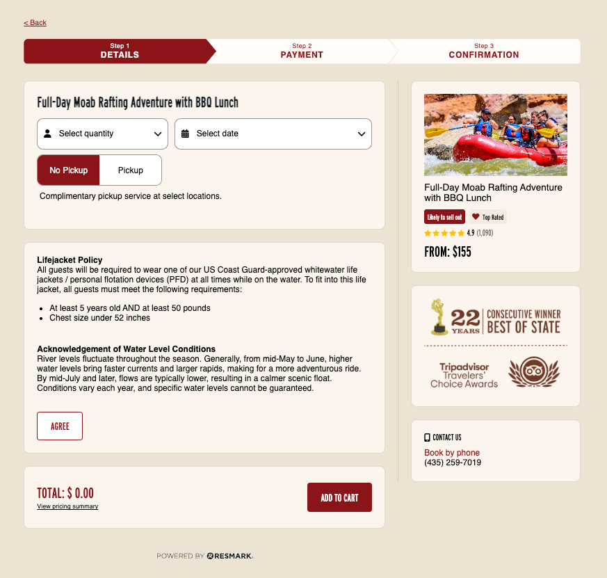 Moab Adventure Center — Booking Flow (Step 1 & Step 2)