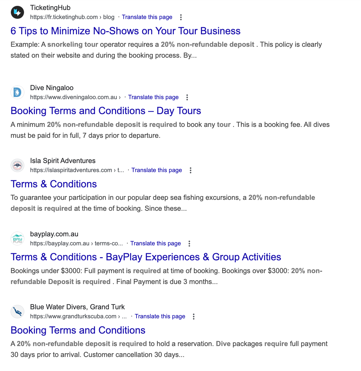 google search results 20 percent required deposit on snorkeling tours