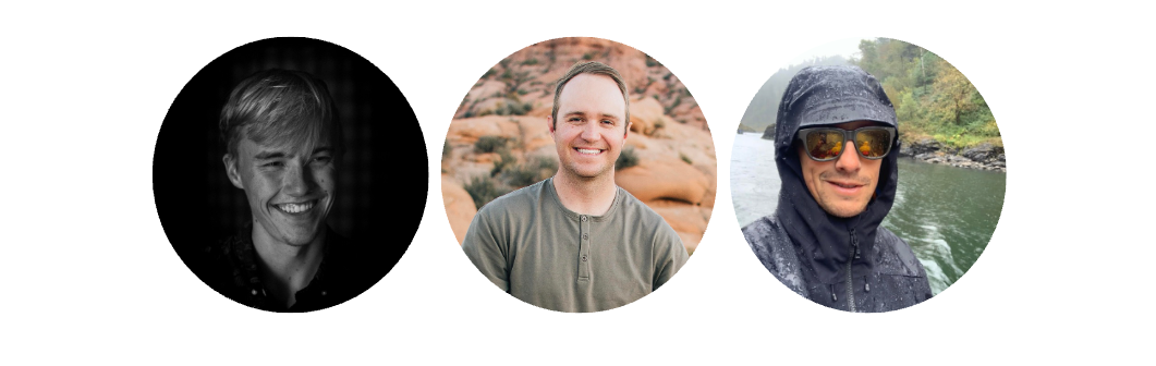 Three men are standing next to each other in circles on a white background.