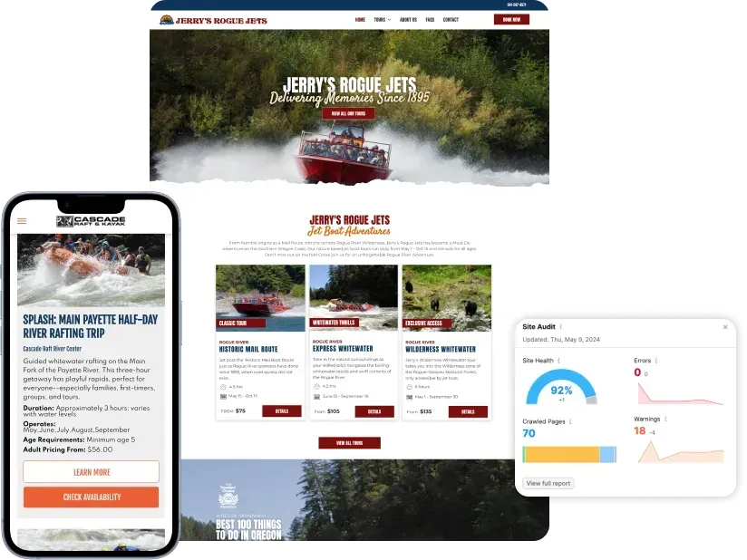 Website mockups: Jerry's Rogue Jets, boat ride company, on desktop, tablet, and mobile, with SEO data chart.