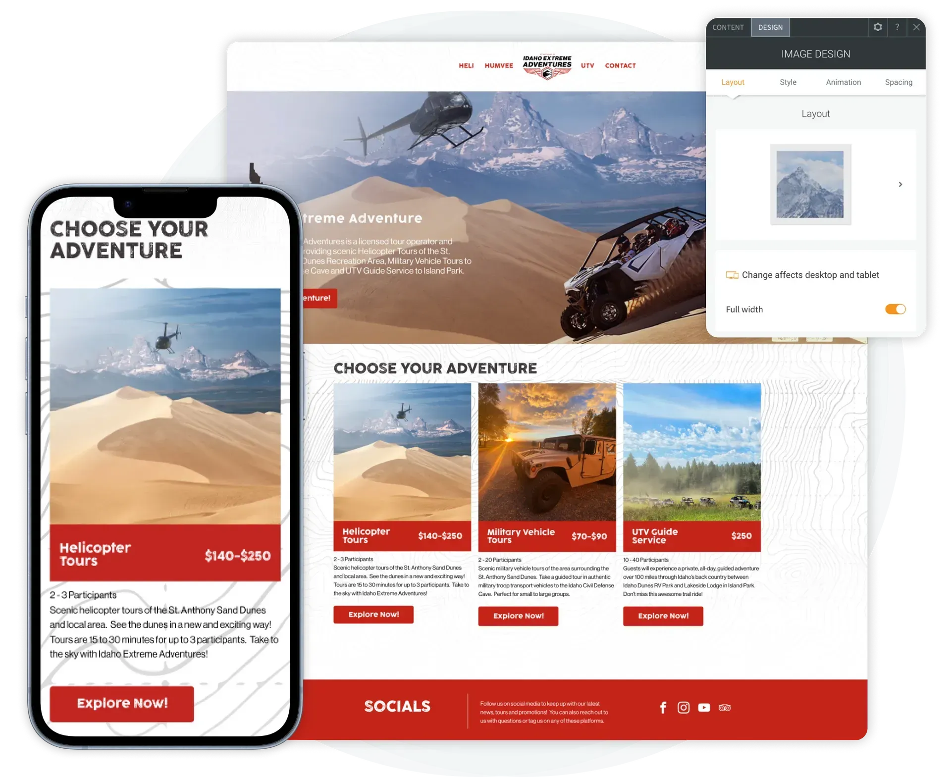 Website design with mobile and desktop screens. Features desert adventure options.