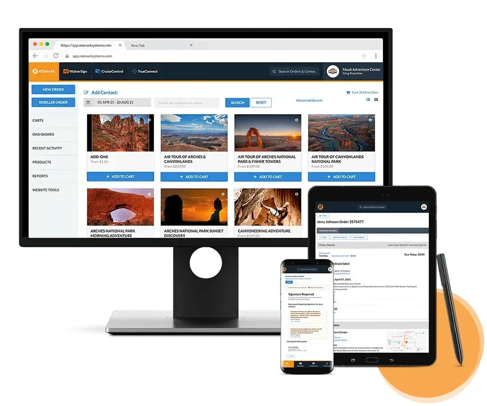 Desktop, tablet, and phone displaying the same website interface on a black monitor and devices