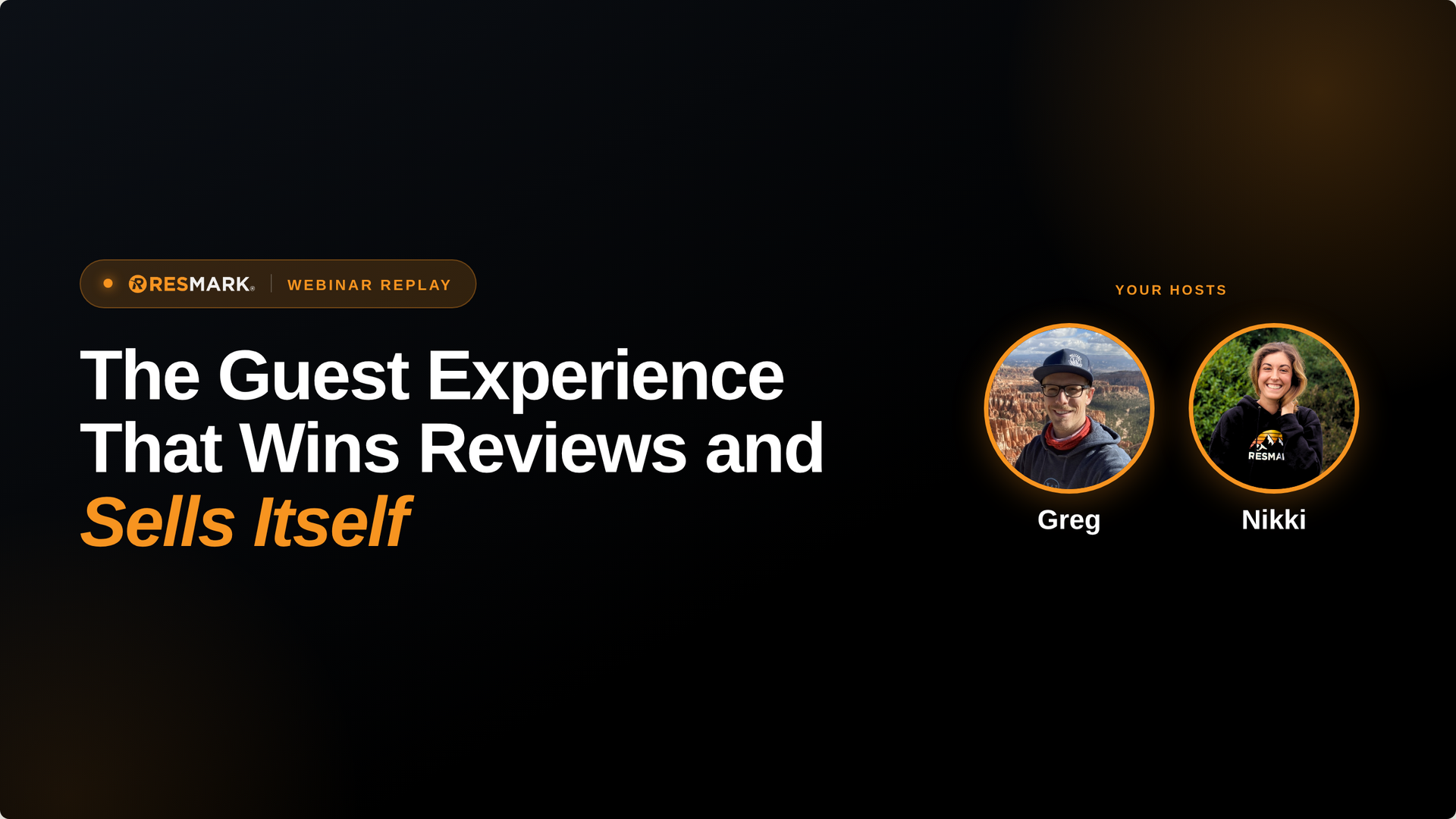 Dark landing page with headline “The Guest Experience That Wins Reviews and Sells Itself” and two circular portraits on the right