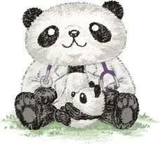 A panda bear is holding a baby panda bear and wearing a stethoscope.