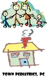 A drawing of a family and a house that says town pediatrics pc