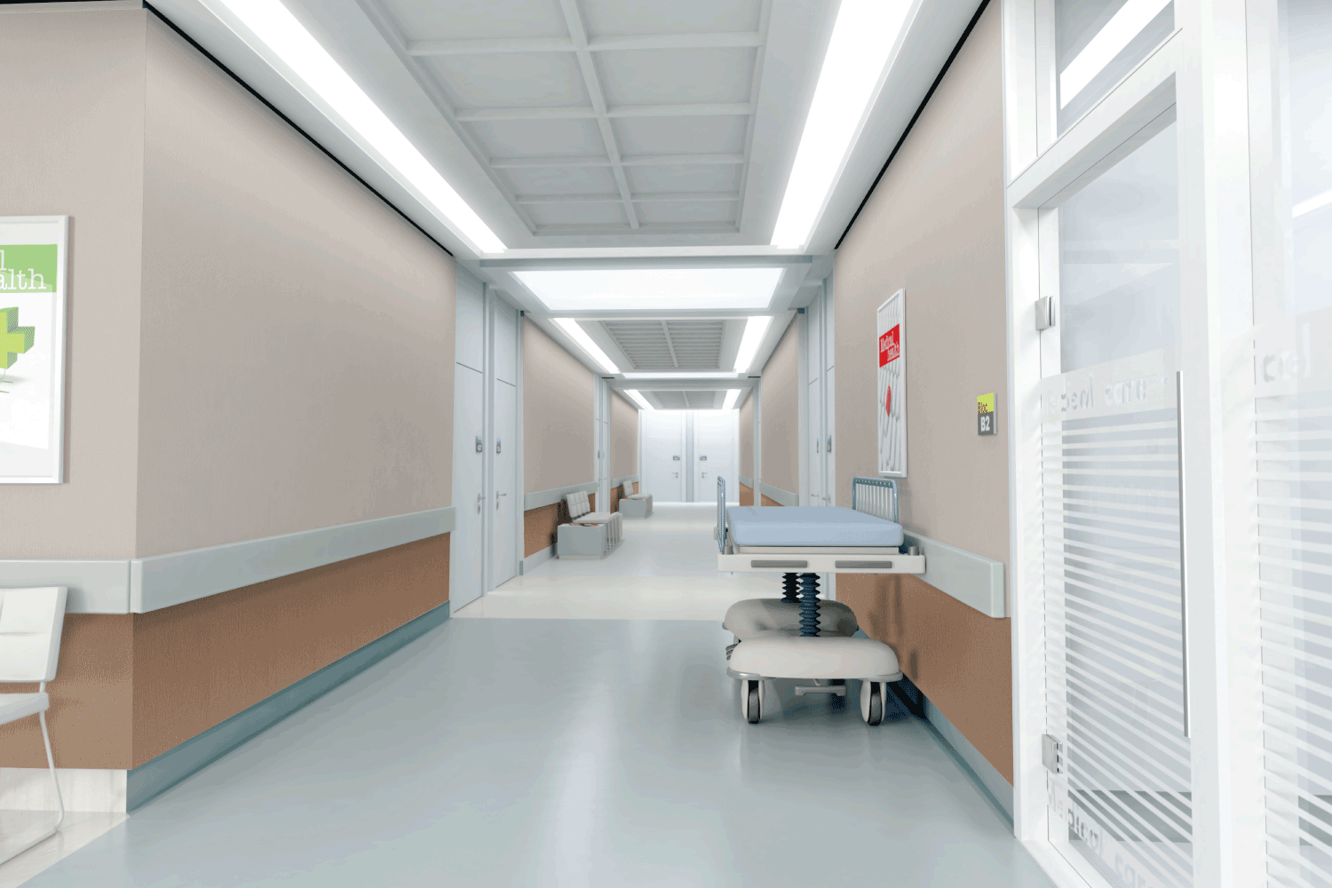 A hospital hallway with a bed in the middle of it