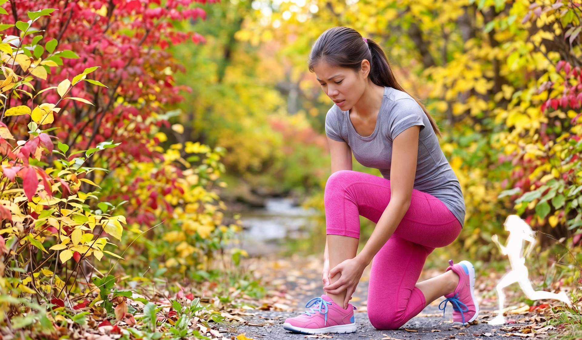 Woman resting on a path outdoors, wearing pink leggings and shoes, with colorful autumn trees behind her