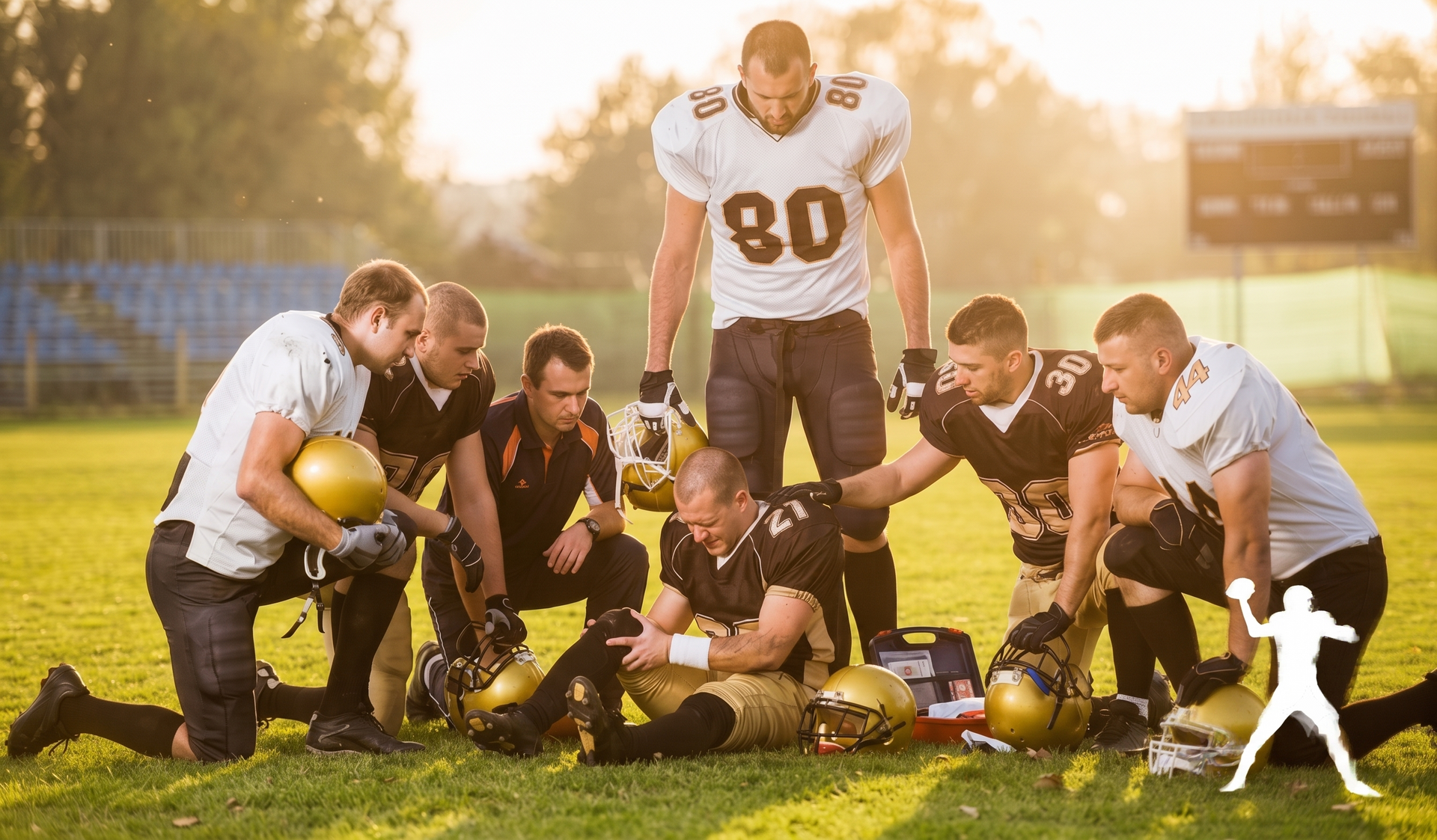 Football players huddled on a grassy field in white and dark uniforms at sunset