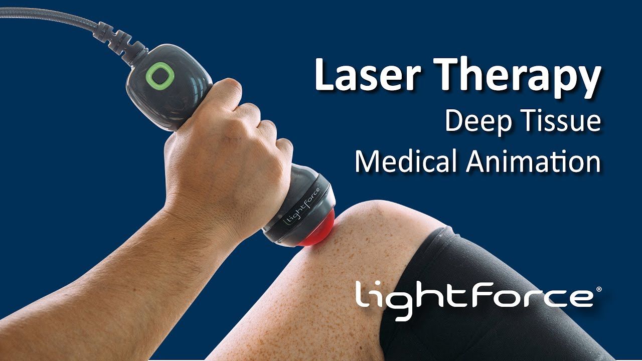 Hand holding a lightforce laser therapy device on a bent leg, with “Laser Therapy” text on blue background