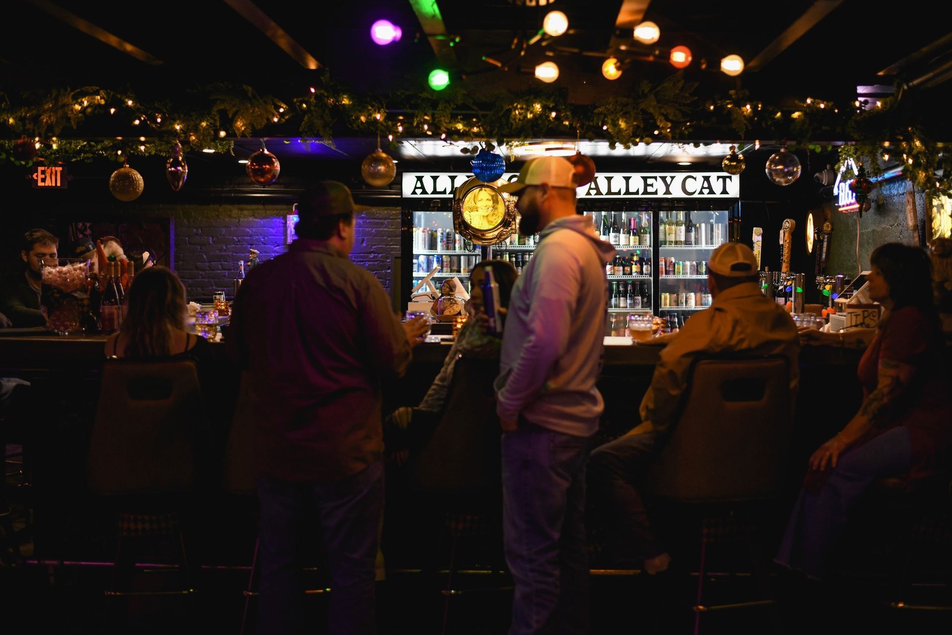 A group of people are standing at a bar.