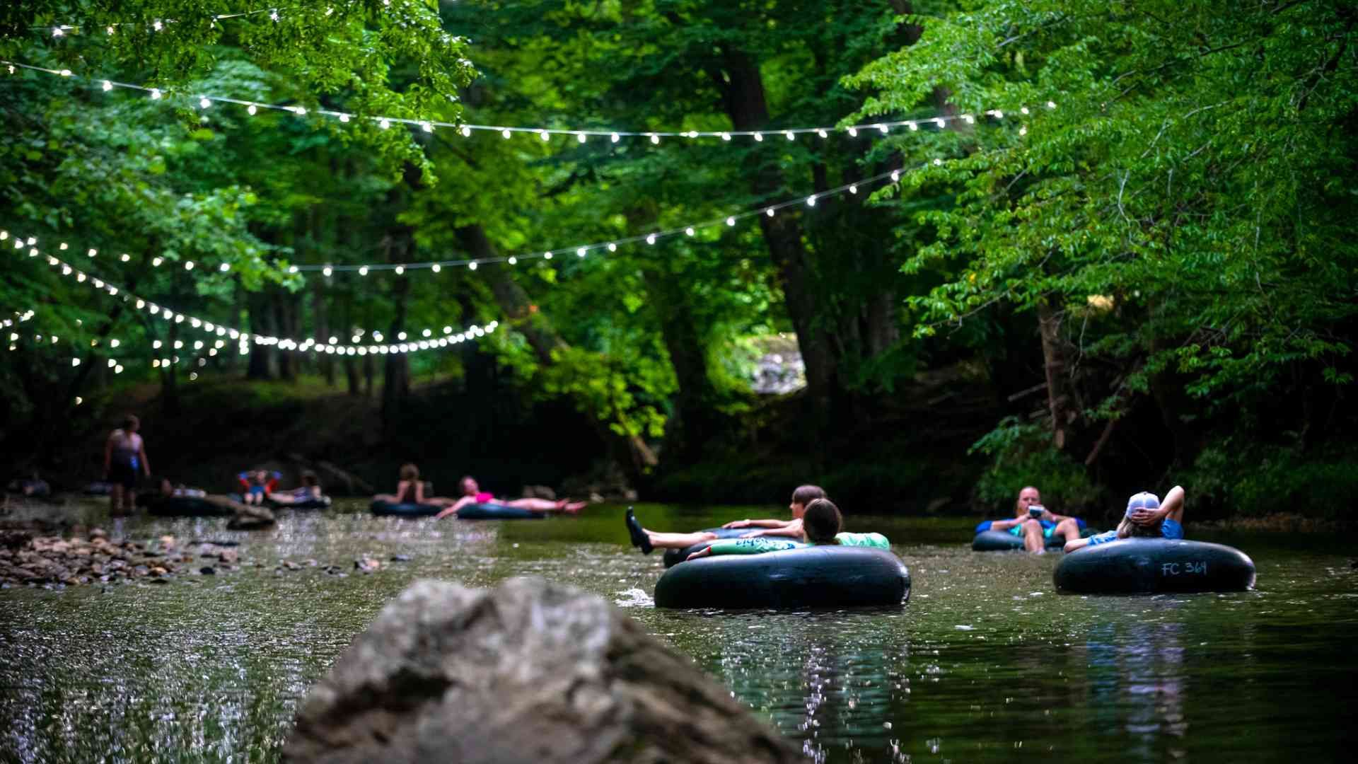 A group of people are floating down a river in inner tubes.