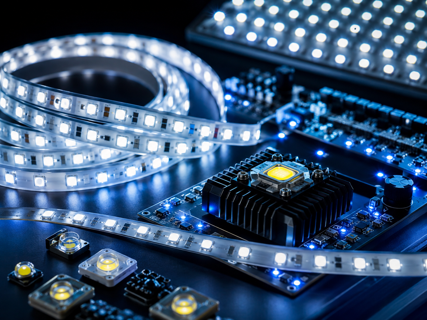 Una striscia di LED blu illumina un microchip luminoso su un circuito stampato.