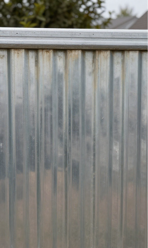 Close-up of a corrugated metal fence with a horizontal top rail and blurred trees behind it