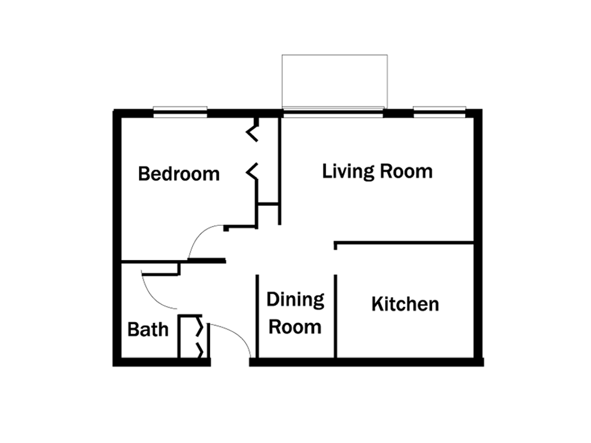 Floor plan of a one-bedroom apartment with living room, kitchen, dining room, and bathroom.