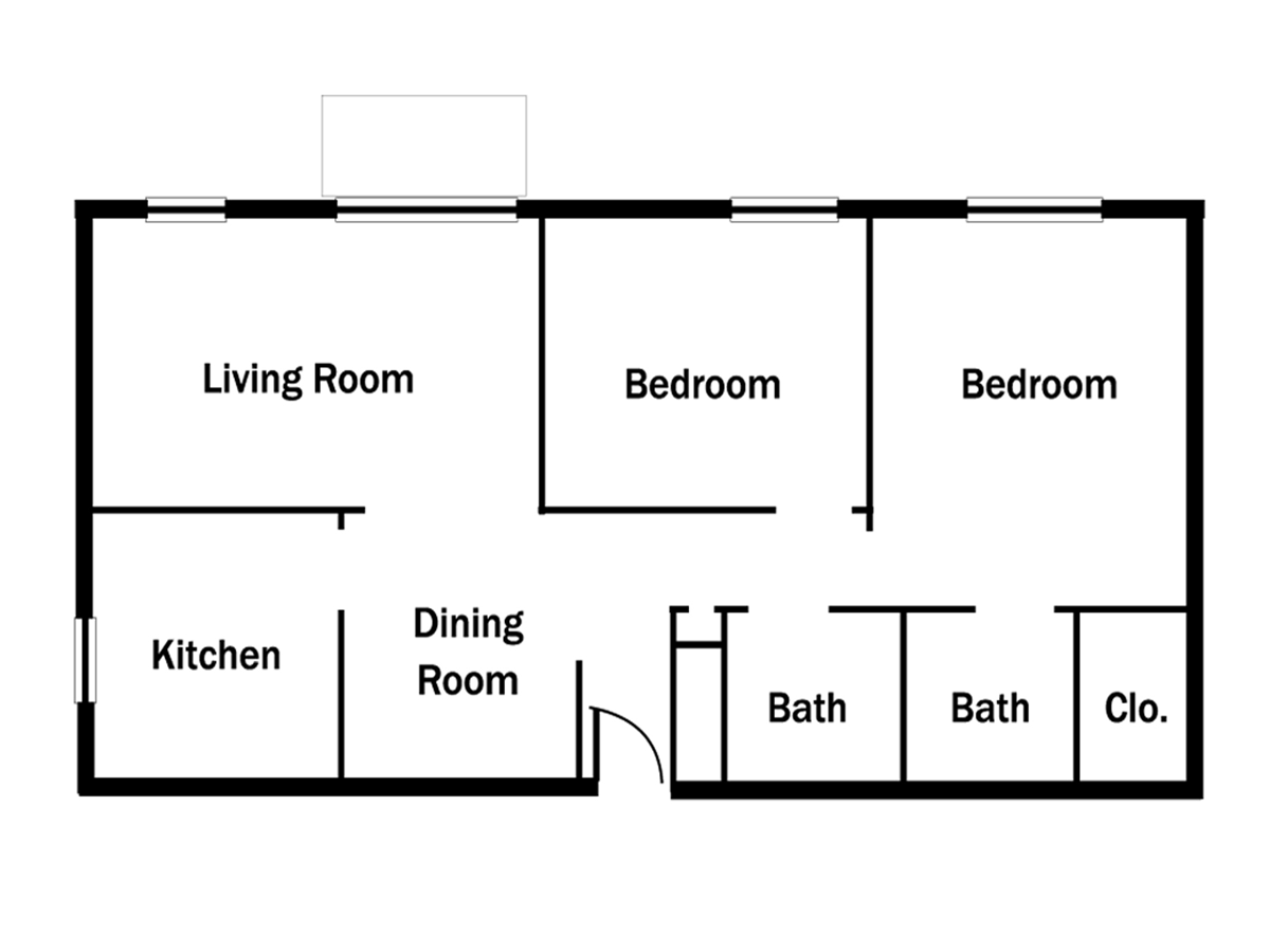 Floor plan of a two-bedroom apartment. Includes living room, kitchen, dining room, two baths, and a closet.