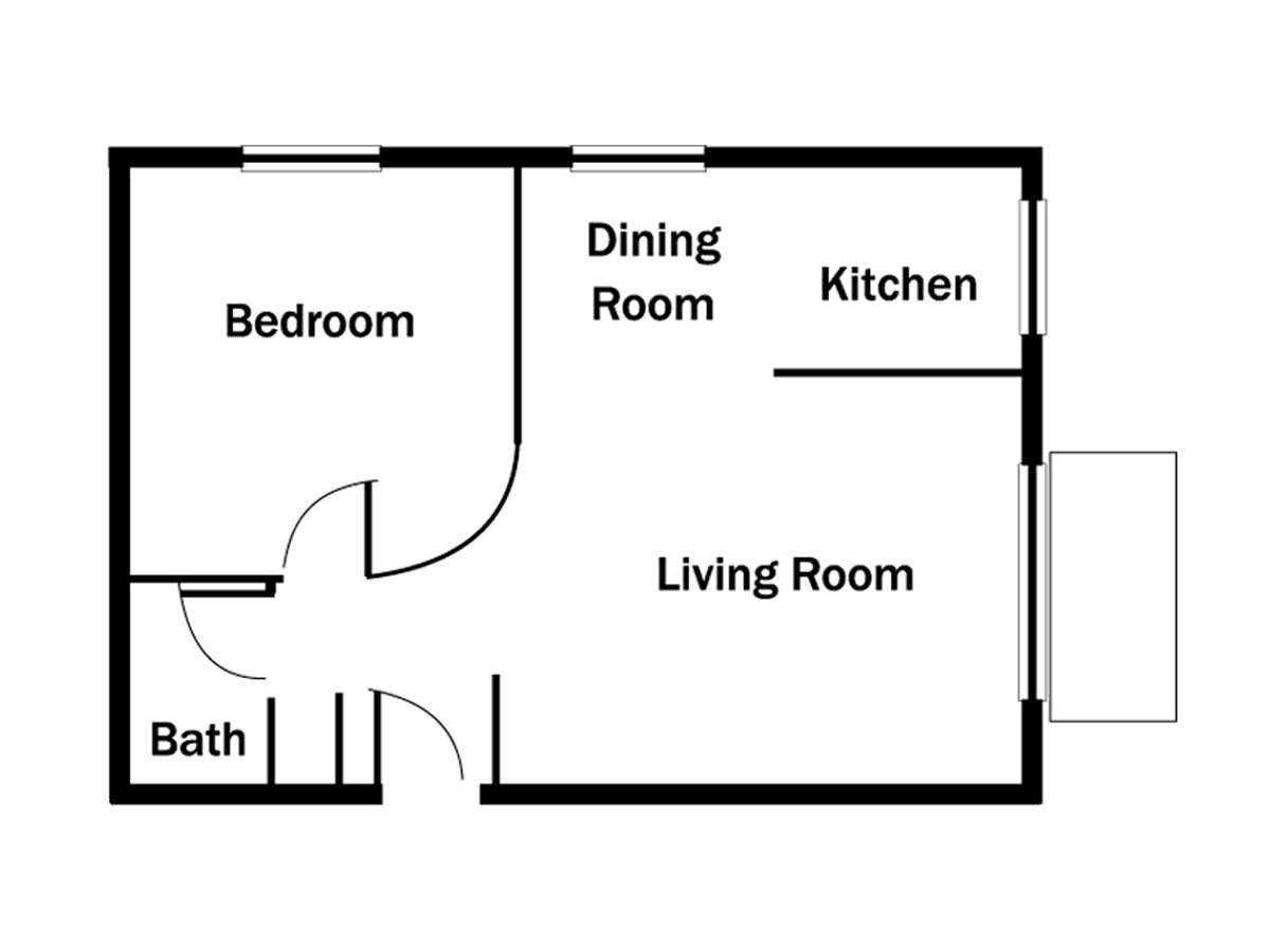Floor plan of a small apartment with bedroom, bath, dining room, kitchen, and living room.