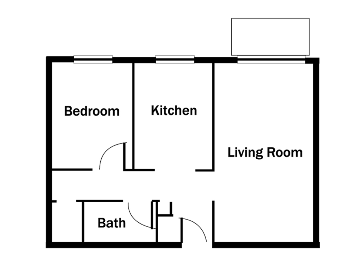 Floor plan of a small apartment: bedroom, kitchen, living room, and bathroom.