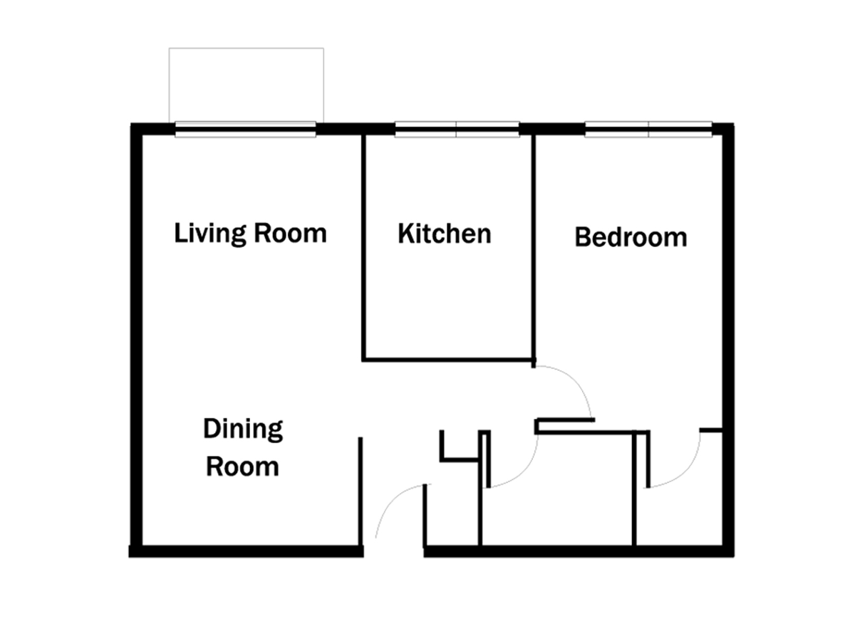 Floor plan of a one-bedroom apartment with living, dining, kitchen, and bathroom.