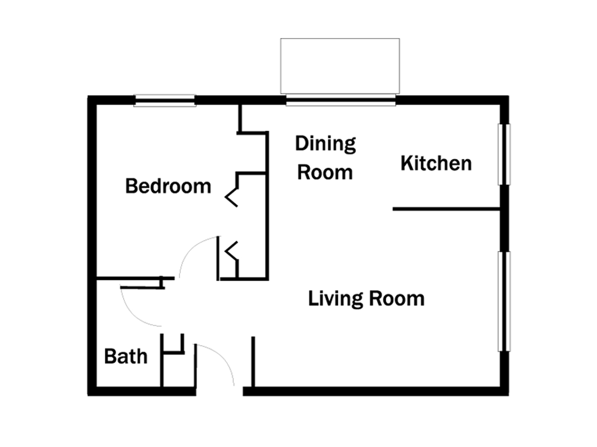 Floor plan of a small apartment, showing bedroom, bath, dining room, kitchen, and living room layout.