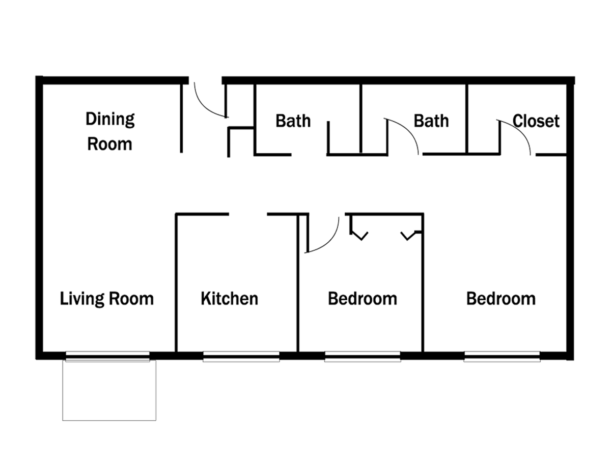 Floor plan of a house, showing rooms including living room, kitchen, two bedrooms, and bathrooms.