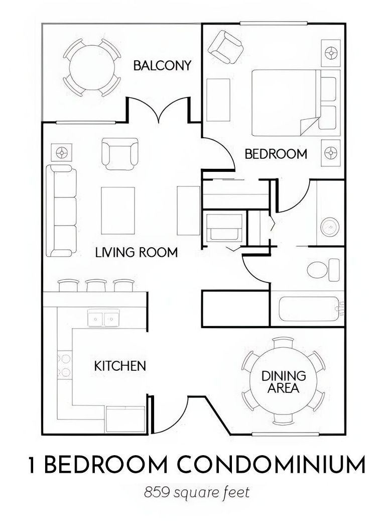Black-and-white floor plan of a 1-bedroom condominium with balcony, living room, kitchen, bedroom, and dining area.