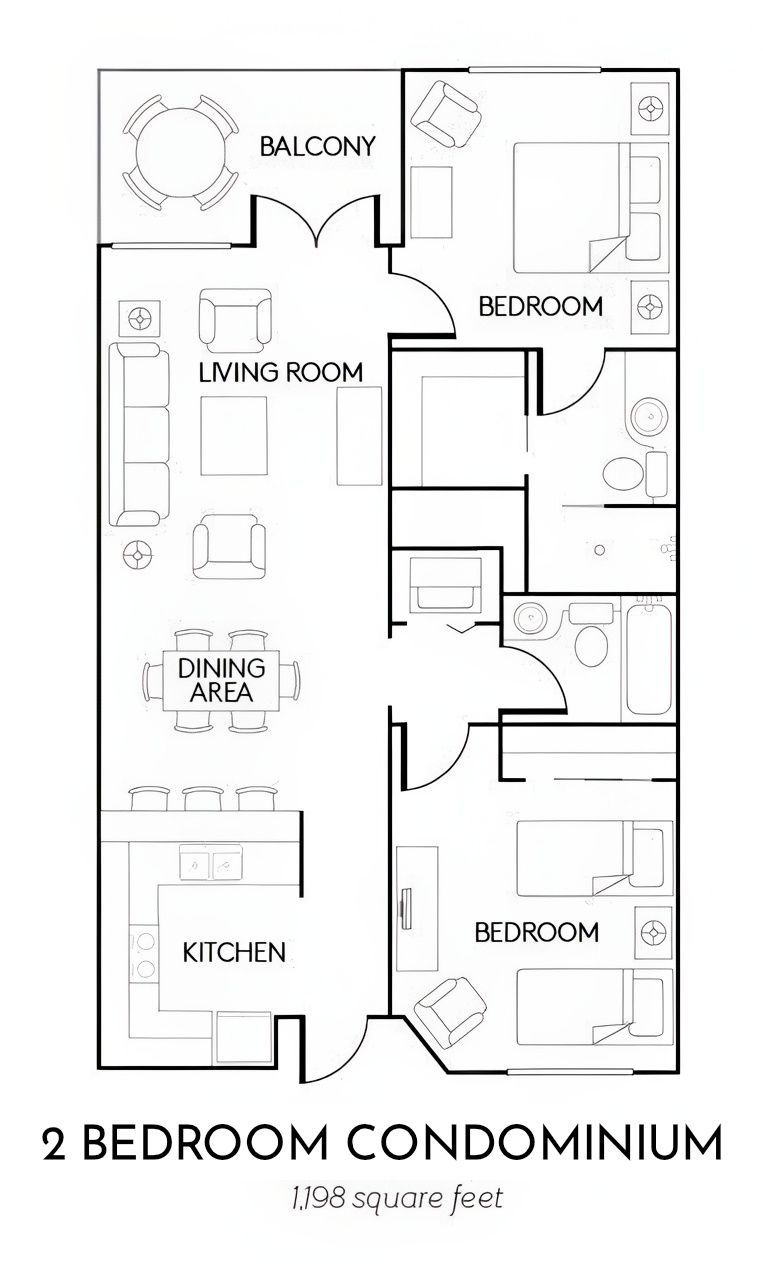 Black-and-white floor plan of a 2-bedroom condominium with living room, kitchen, bath, and balcony.