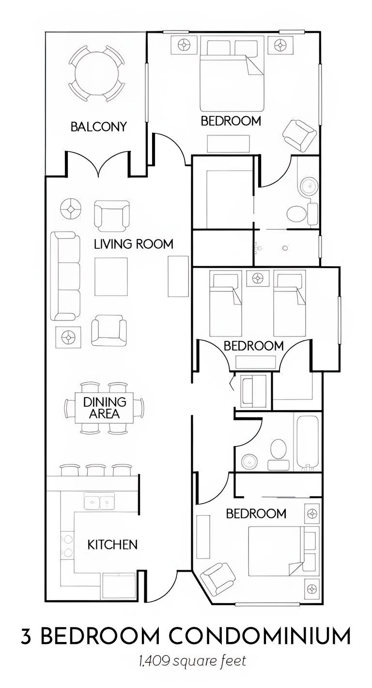 3-bedroom condominium floor plan with balcony, living room, kitchen, dining area, and bathrooms