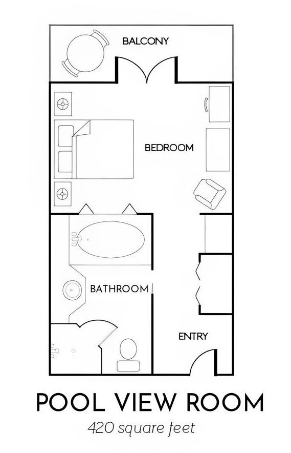 Floor plan of a pool-view room with balcony, bedroom, bathroom, and entry labeled.