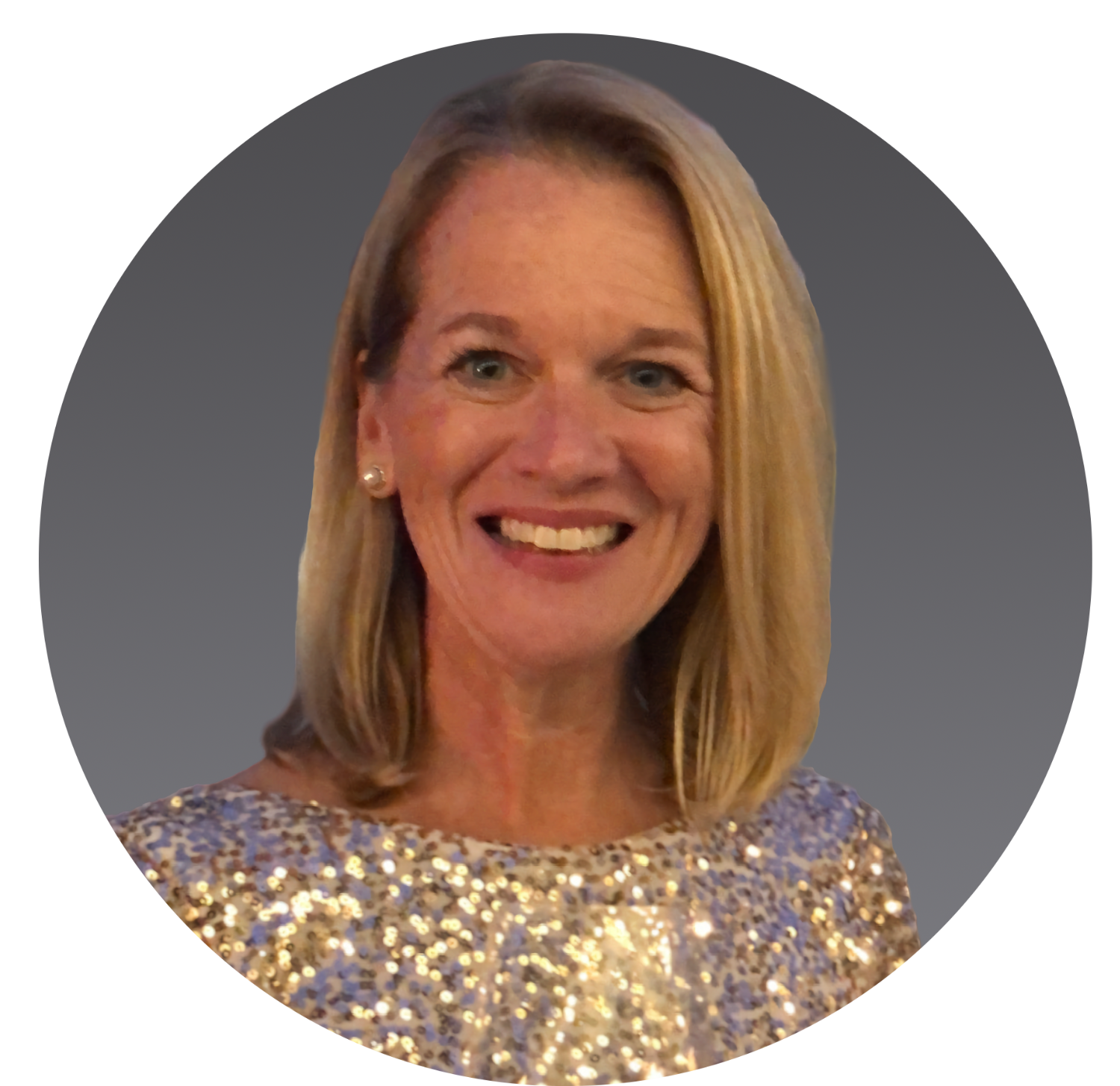 Smiling woman in a sparkly gold top against a gray background