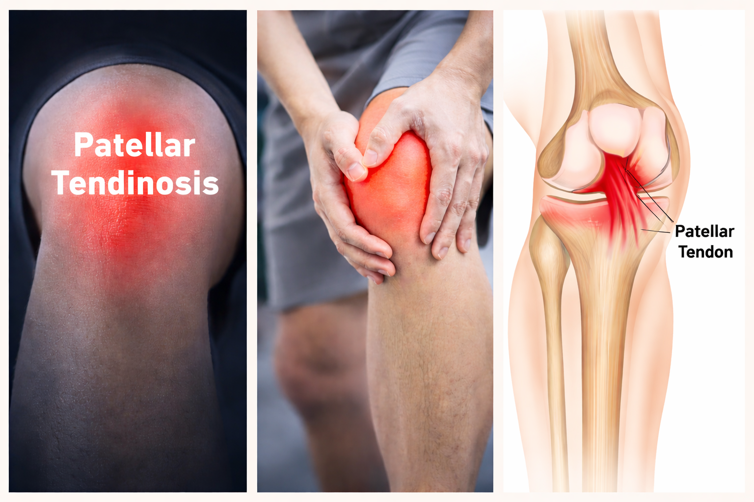 Patellar tendinosis near Chicksands shown with knee pain, inflammation below the kneecap, and anatomical illustration of the patellar tendon