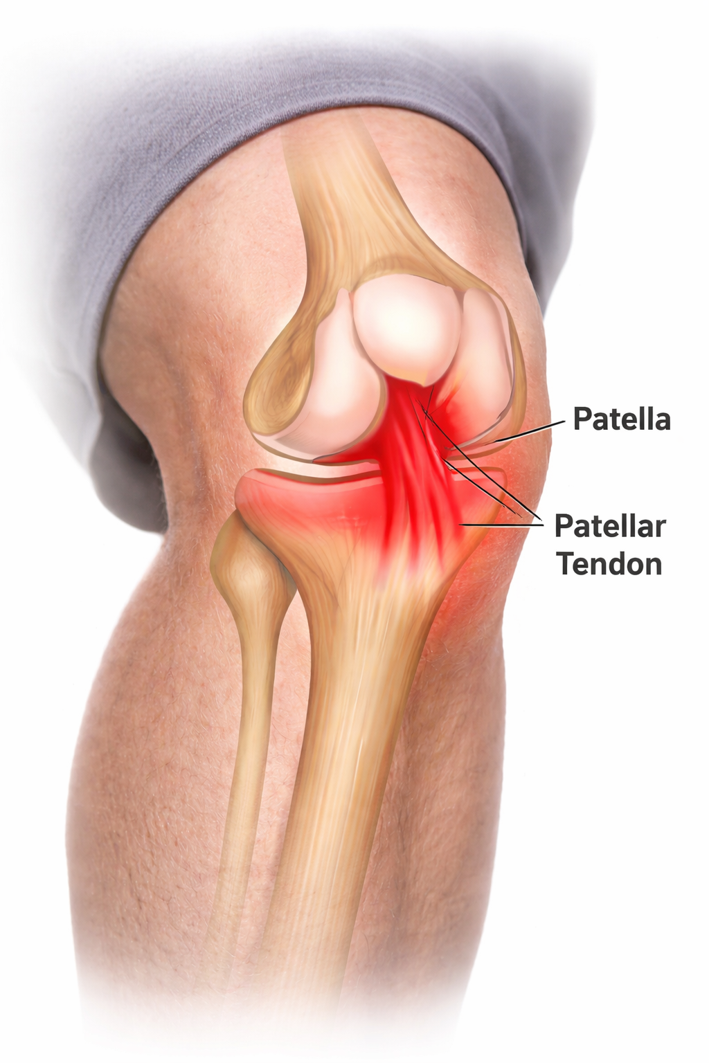 Medical illustration of a knee showing patellar tendinosis near Chicksands, highlighting inflammation of the patellar tendon beneath the kneecap with labelled patella and tendon.