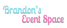 Logo for Brandon's Event Space in teal and pink with white shadow.
