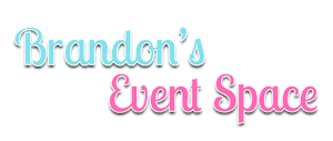 Logo for Brandon's Event Space in teal and pink with white shadow.