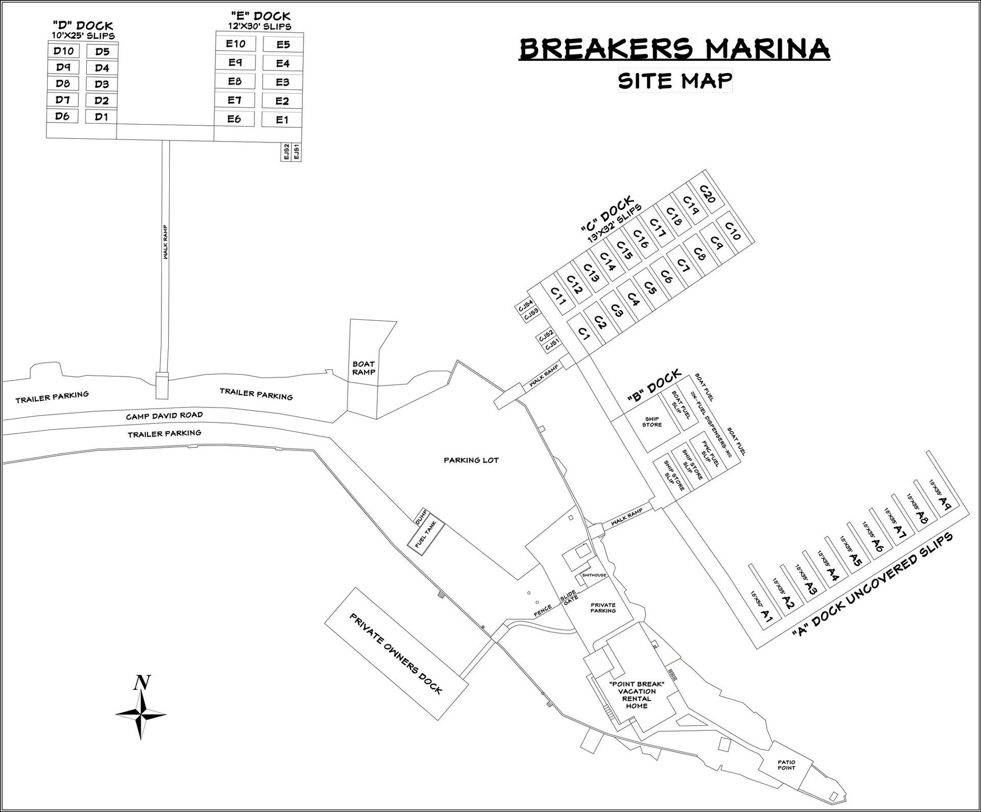 A black and white map of the breakers marina site