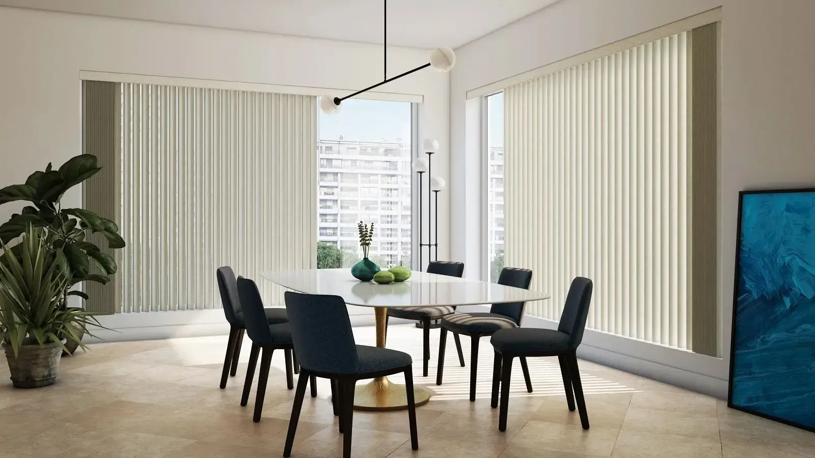 Modern dining room with a wooden table, dark chairs, large windows, and a blue artwork on the wall.