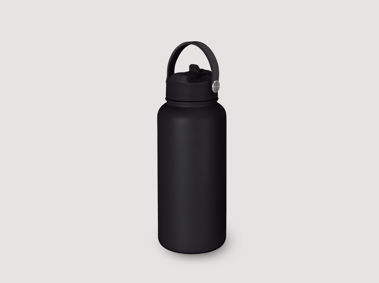 Black insulated water bottle with a loop handle on a light gray background