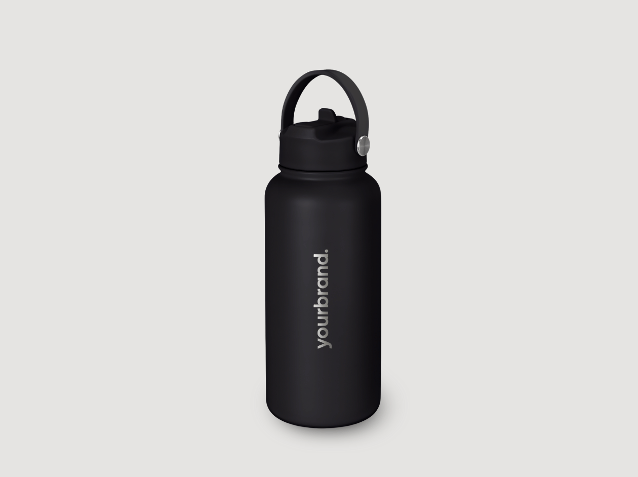 Black insulated water bottle with a loop handle on a light gray background